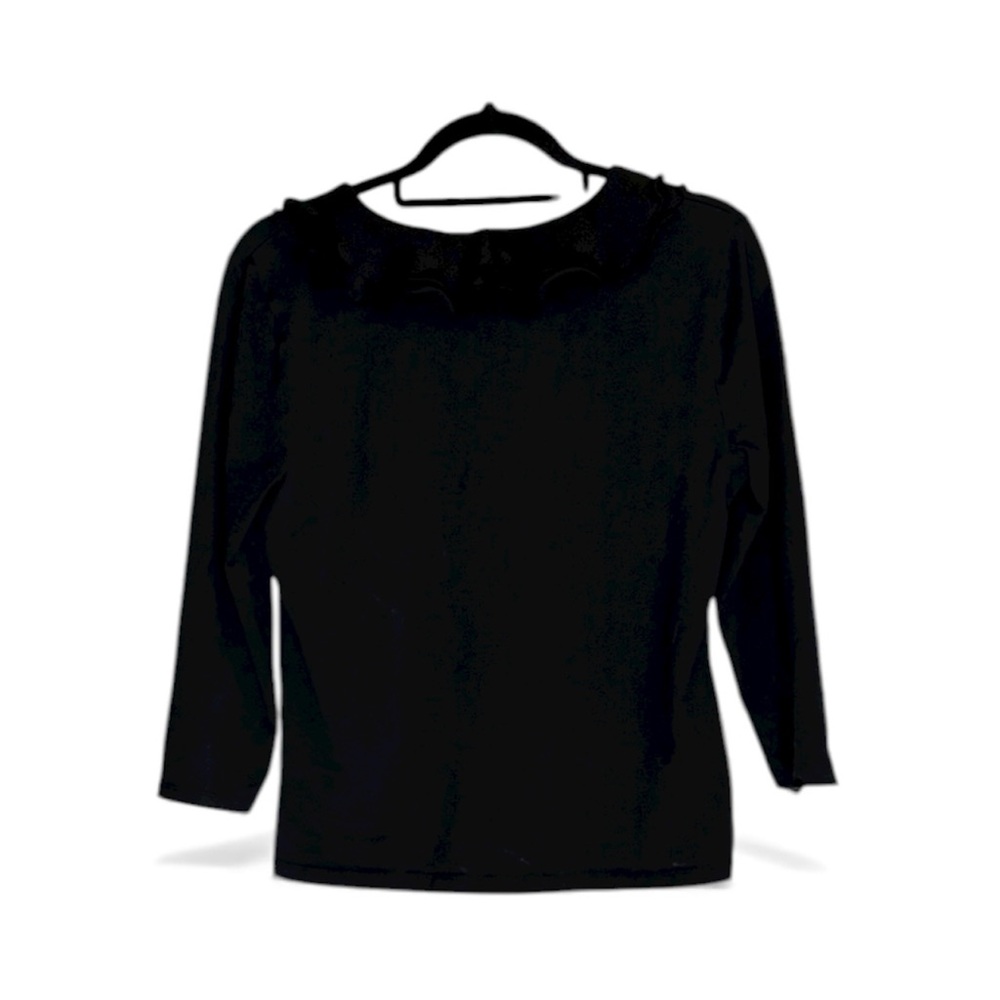 CHAPS Women's Large Black Top with Frilly Collar & 3/4 Sleeves